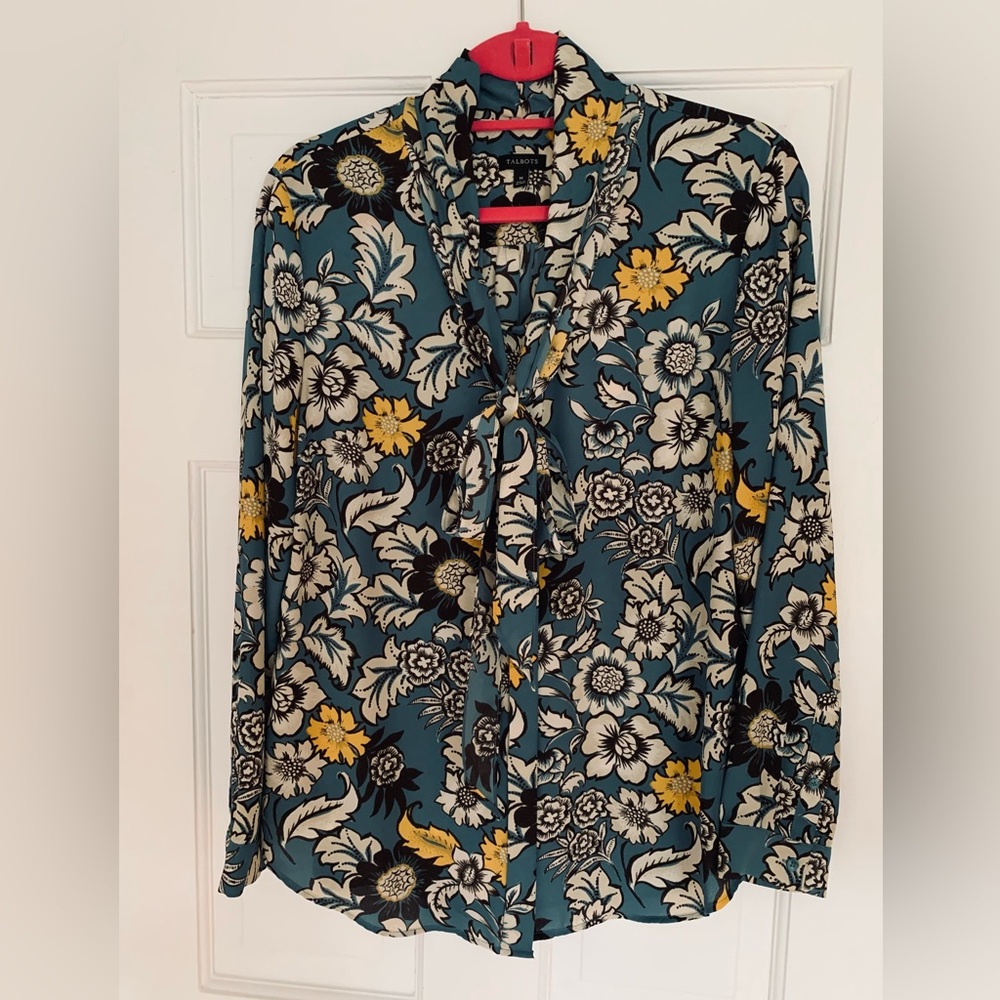 Talbots Teal Floral Print Blouse with Tie Neck